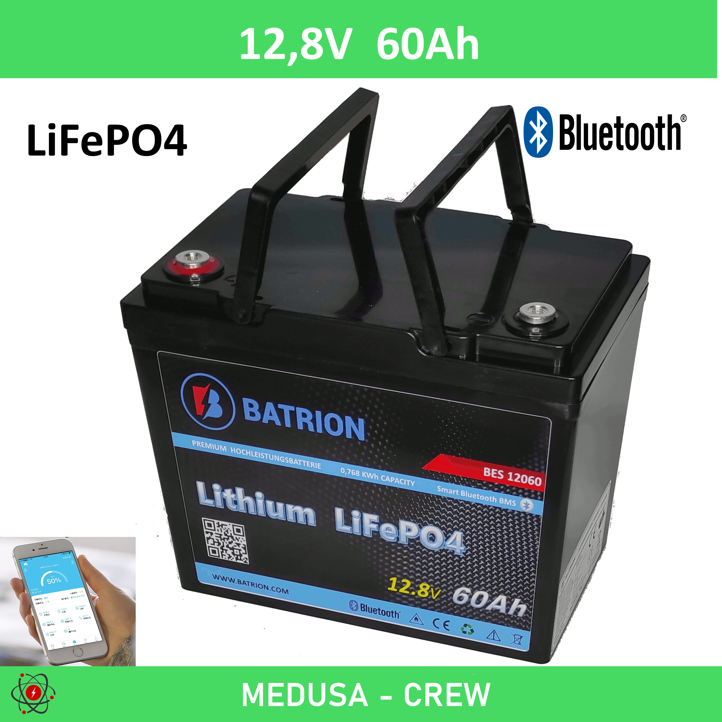 LiFePO4 Akku 12V 60Ah Lithium Batterie BATRION Wohnmobil Boot Bluetooth