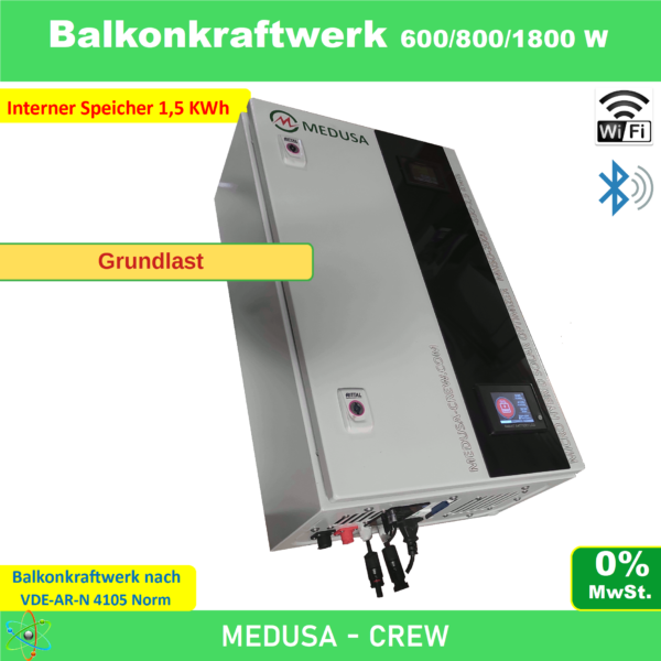 Balkonkraftwerk mit 2,5 KWh – Speicher, Wechselrichter Nulleinspeisung 600-1800 W Bluetooth,Wi-Fi,
