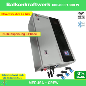 Balkonkraftwerk mit Speicher-Batterie 1,5kWh, Wechselrichter 600- 1800 W, 4x390W Akcome Solar bifacial, Lieferung
